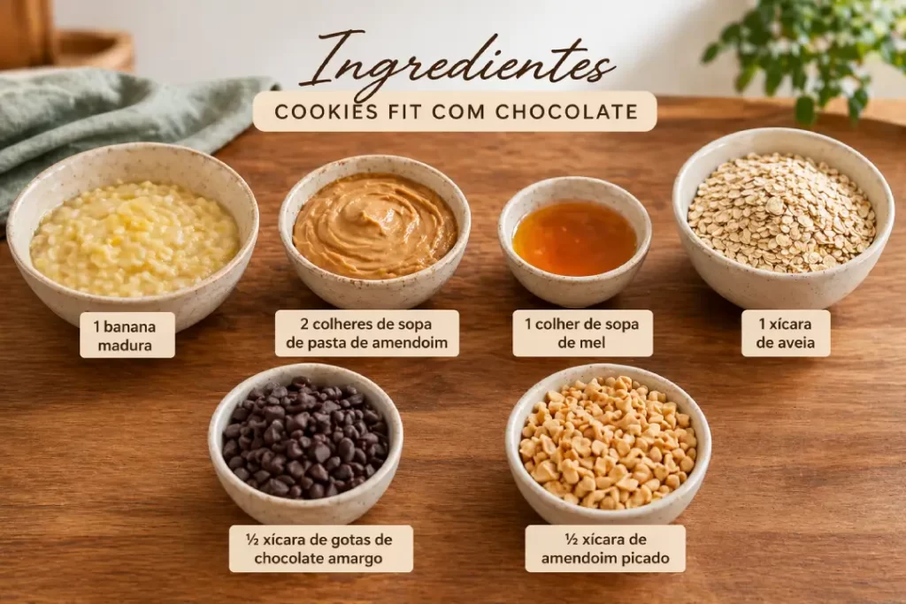 Ingredientes para cookies fit com chocolate, aveia e banana.