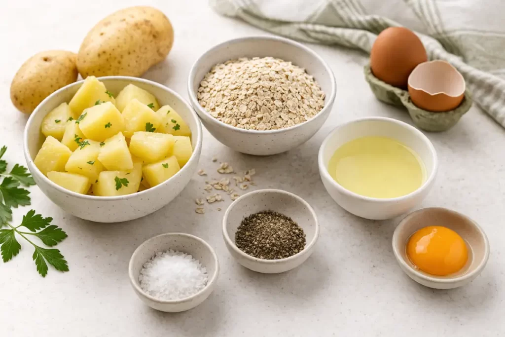 Ingredientes de esfirra saudável organizados em mesa clara, com batata, aveia, ovo, sal e pimenta.