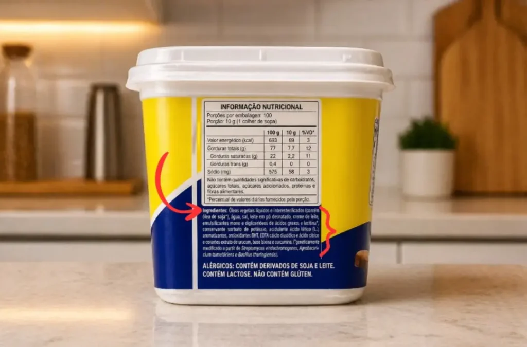 Rótulo de alimento com lista de ingredientes destacada indicando presença de aditivos.