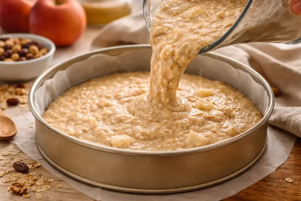 Preparo da torta de aveia saudável.