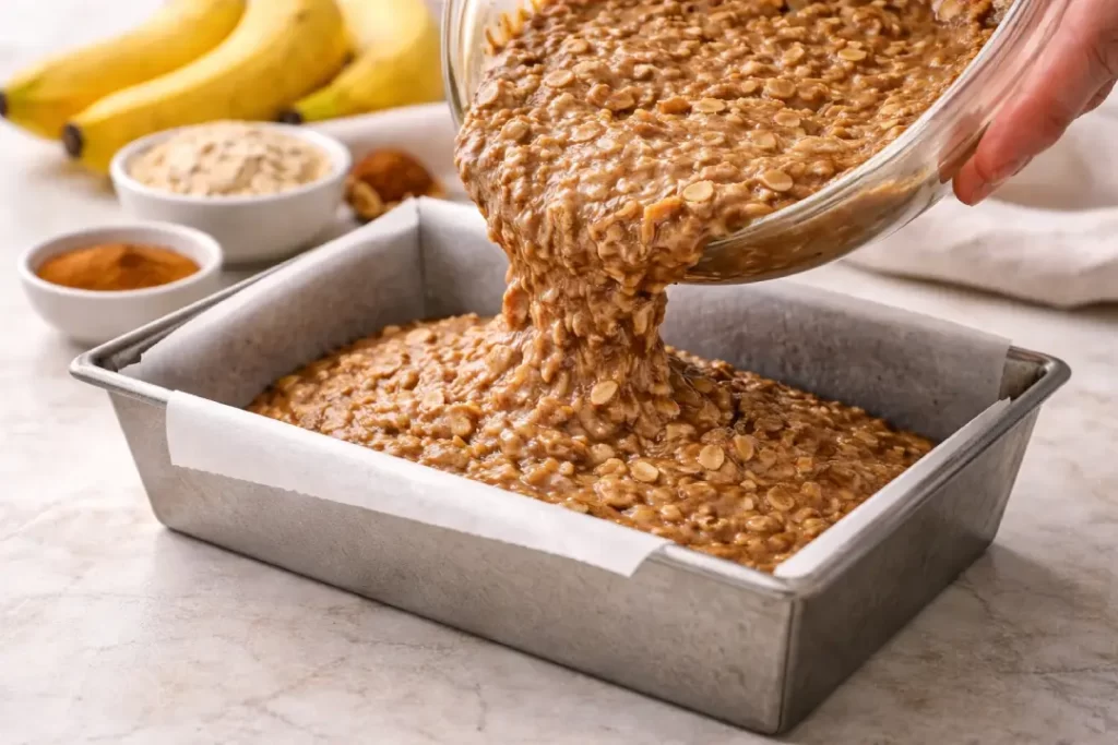Massa do bolo de banana com cacau sendo colocada na forma, com textura cremosa e pedaços de aveia visíveis