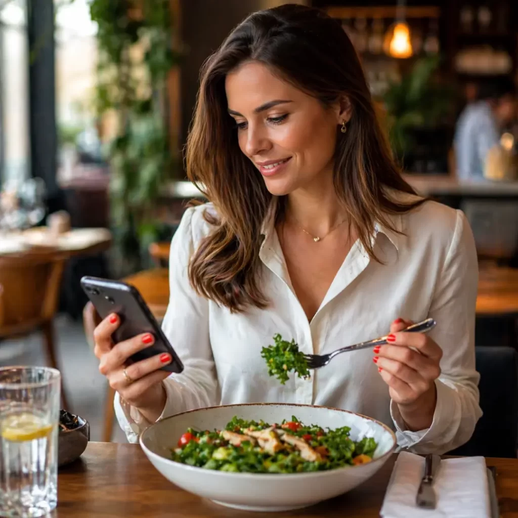 Mulher fazendo uma alimentação inteligente, desfrutando de uma refeição saudável em um restaurante.