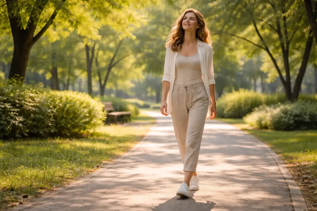 Mulher caminhando em parque urbano, representando natureza como terapia e hábitos saudáveis ao ar livre.