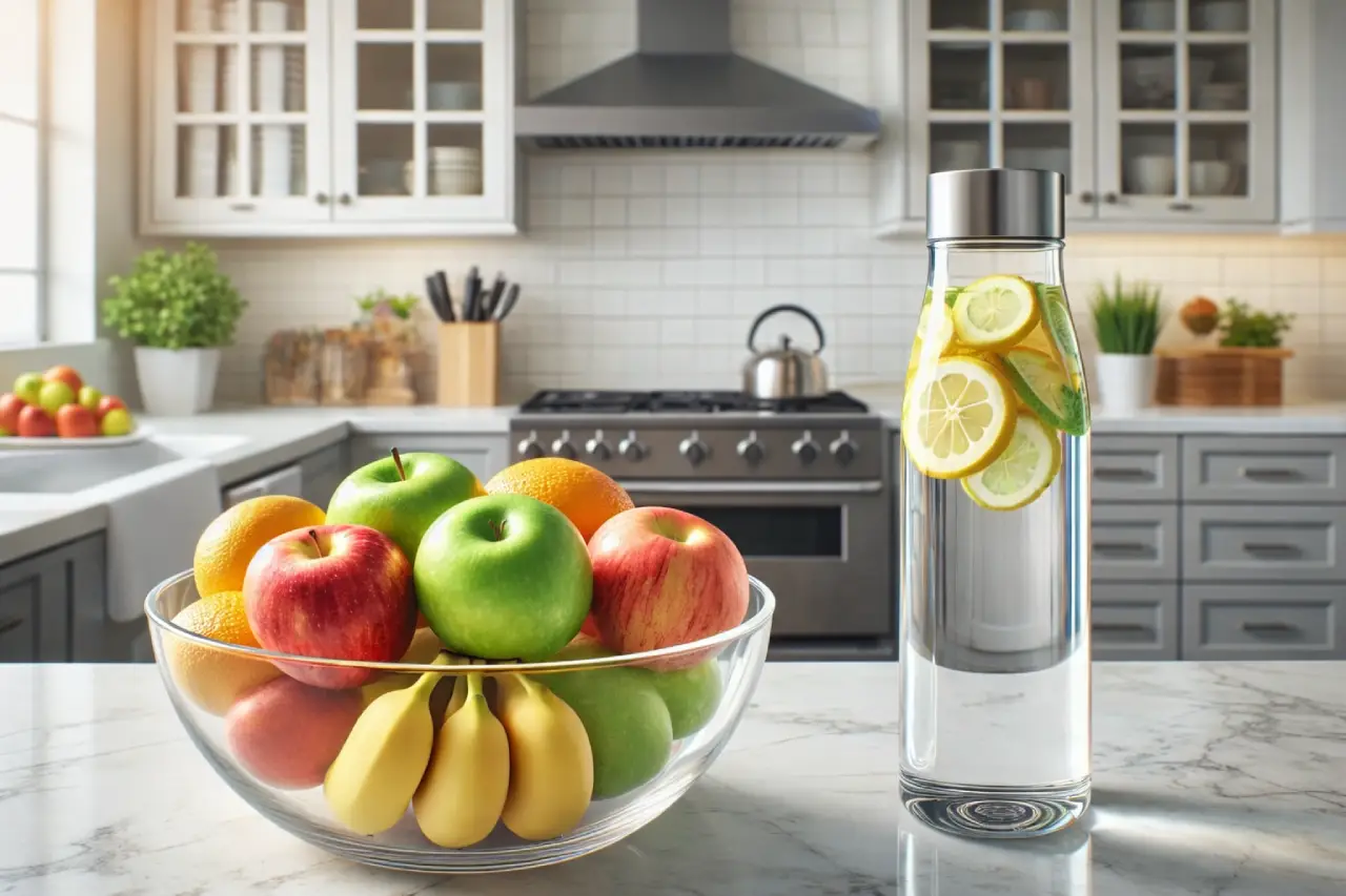 Pequenas mudanças na alimentação com frutas frescas e hidratação no dia a dia.