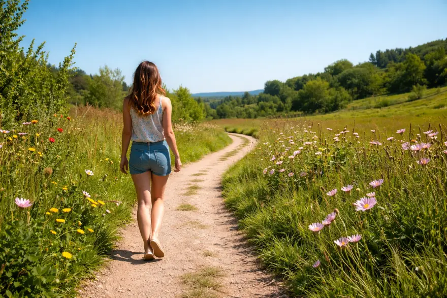 Mulher caminhando ao ar livre representando pequenas mudanças e hábitos saudáveis no dia a dia.