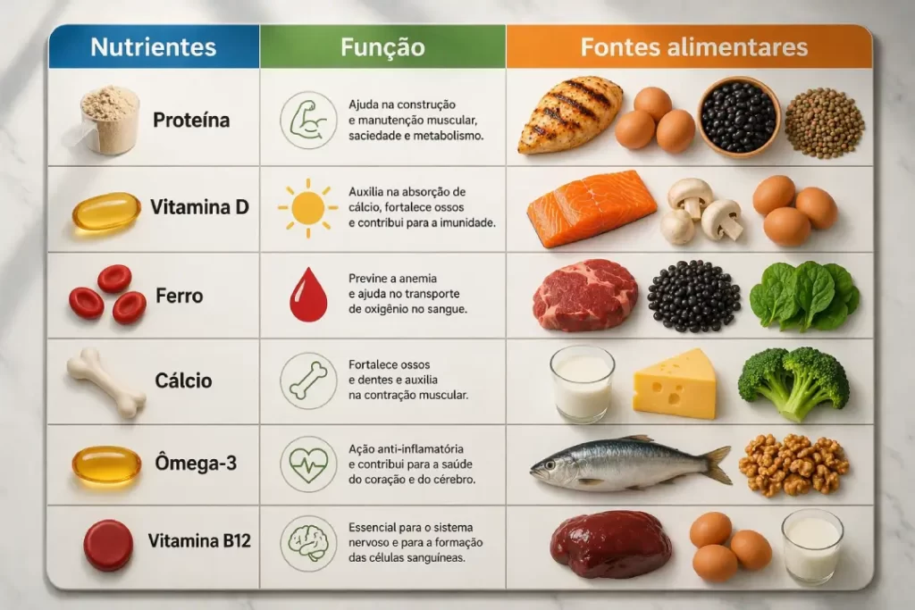 Quando usar suplementos: tabela com nutrientes, funções e fontes alimentares.