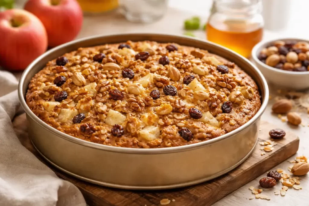 torta de aveia saudável com maçã e castanhas.