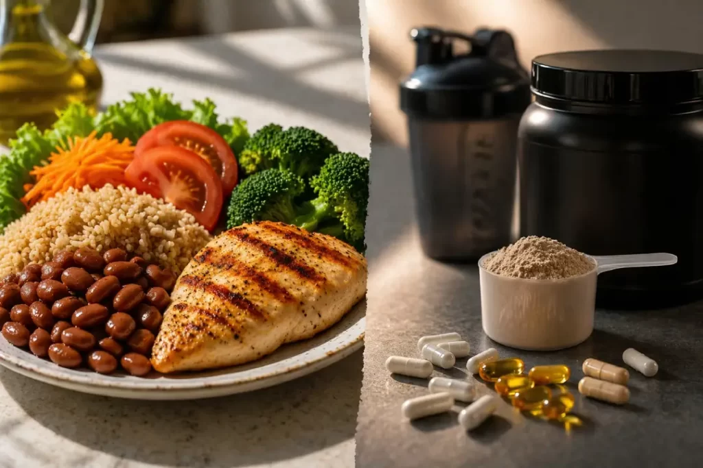 Quando usar suplementos: comparação entre alimentação equilibrada e suplementos alimentares.