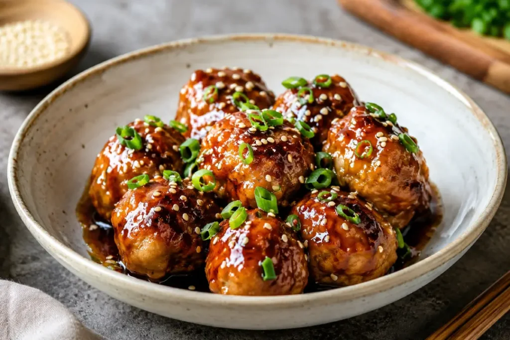 Almôndega de frango saudável ao molho teriyaki.