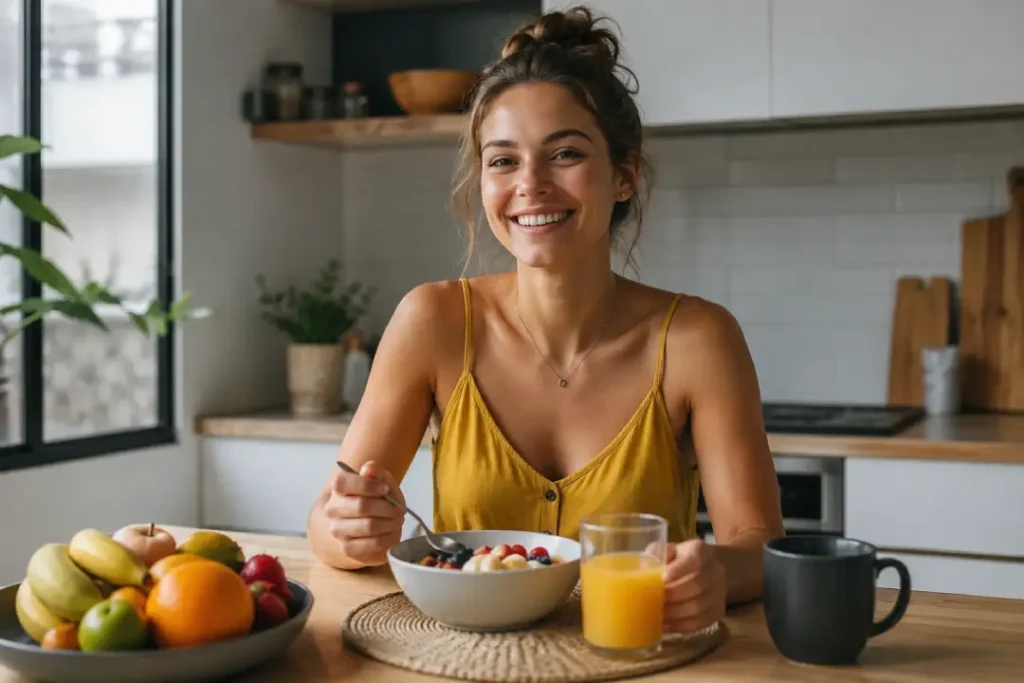 Mulher tomando café da manhã saudável em uma rotina matinal saudável.
