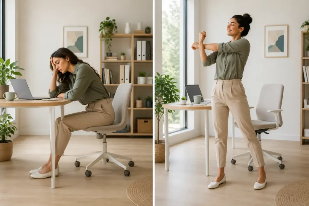 Mulher sentada com postura cansada ao lado de mulher se alongando durante o trabalho.
