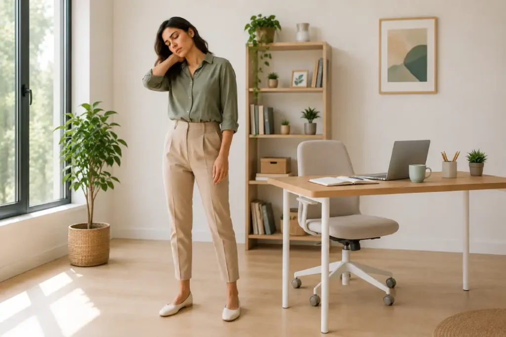 Mulher com expressão de cansaço e mão na nuca em ambiente de trabalho claro, mostrando falta de movimento ao longo do dia.