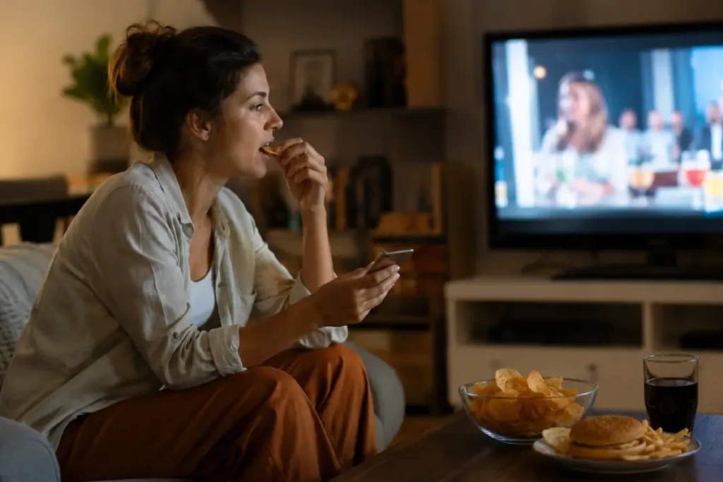 Mulher comendo distraída enquanto usa o celular e assiste TV, situação comum ligada à fome constante.