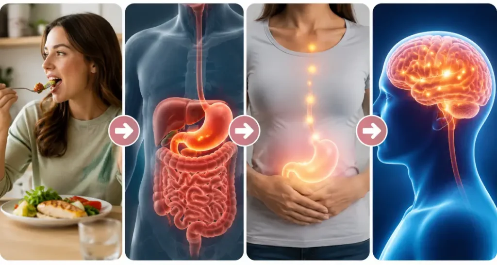 Infográfico mostrando como a saciedade acontece no corpo, desde a mastigação até os sinais enviados ao cérebro.