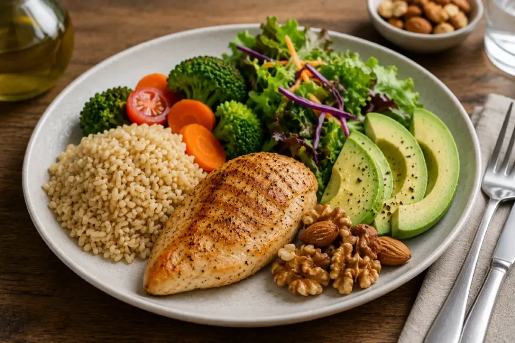 Prato equilibrado com proteínas, vegetais, legumes, carboidrato e gordura boa que ajuda na saciedade nas refeições.