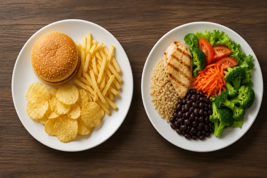 Prato simples e prato equilibrado lado a lado, mostrando como a fome constante pode estar ligada à escolha dos alimentos.