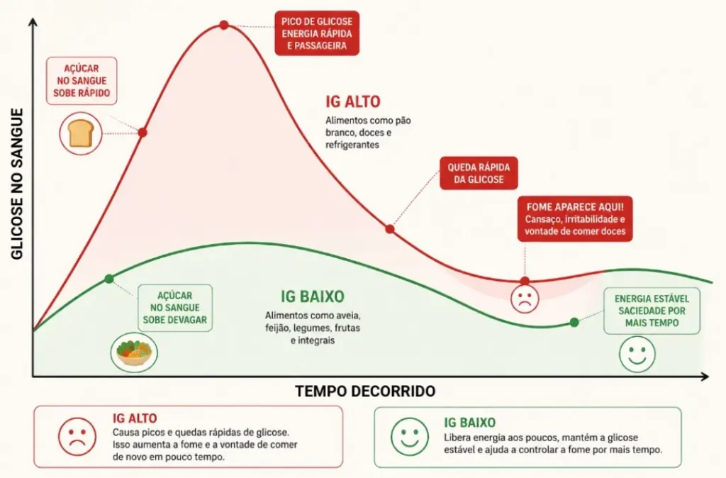 Gráfico comparando índice glicêmico alto e baixo, mostrando como a queda rápida da glicose pode causar fome constante.