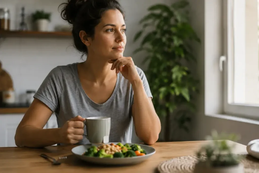 Mulher tomando chá calmamente antes da refeição, refletindo sobre a fome e a saciedade nas refeições.