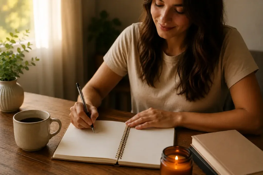 Mulher escrevendo metas e pensamentos positivos pela manhã.