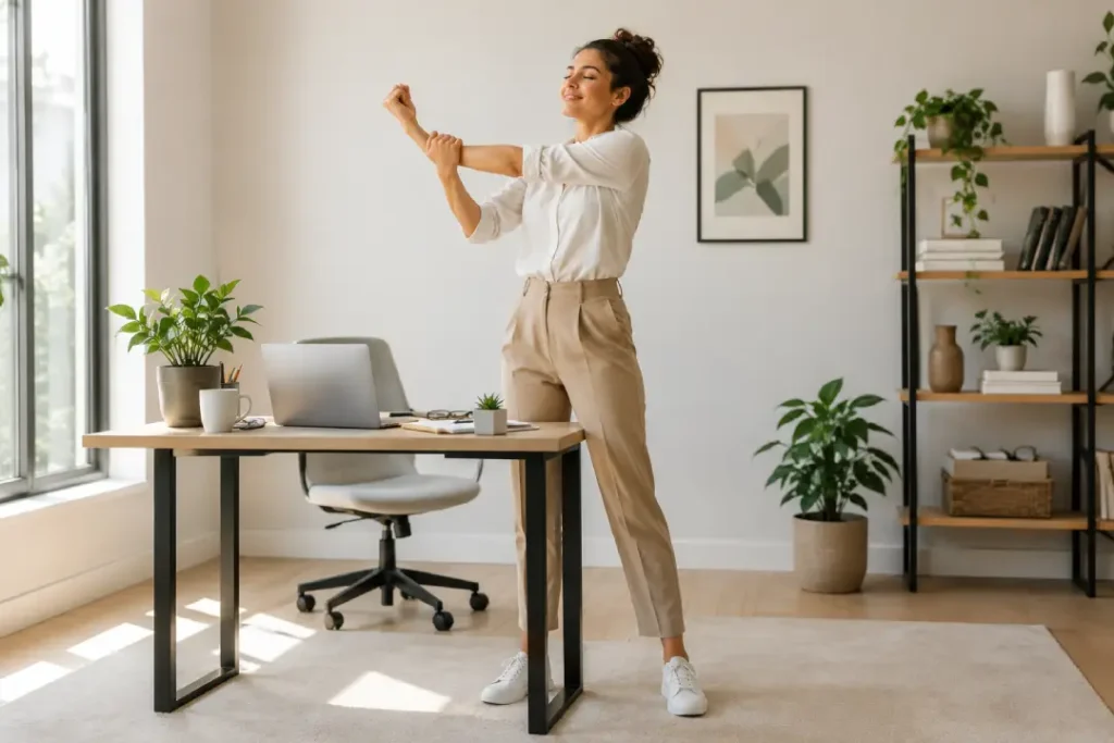 Mulher de corpo inteiro se alongando ao lado da mesa de trabalho em ambiente claro e organizado, mostrando movimento ao longo do dia.