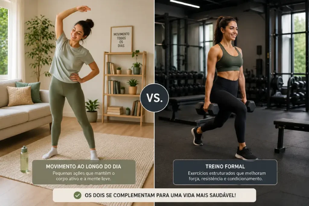 Mulher se movendo em casa e outra treinando na academia, mostrando movimento ao longo do dia e treino formal.