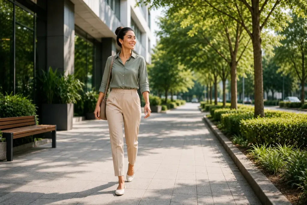 Mulher de corpo inteiro com roupa de trabalho caminhando ao ar livre durante pausa ativa, mostrando movimento ao longo do dia.