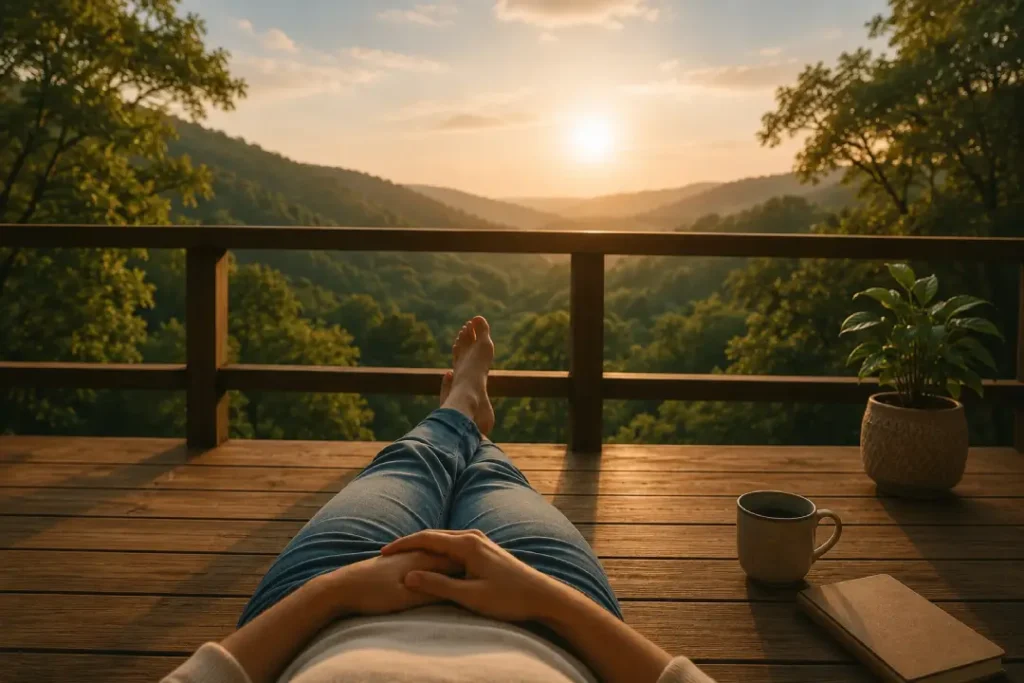 Pessoa relaxando em meio à natureza durante momento de mindfulness.