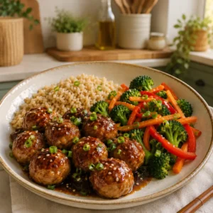 Almôndega de frango com legumes e arroz integral.