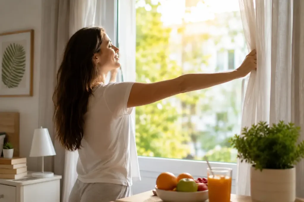Mulher abrindo a janela pela manhã em uma rotina matinal saudável