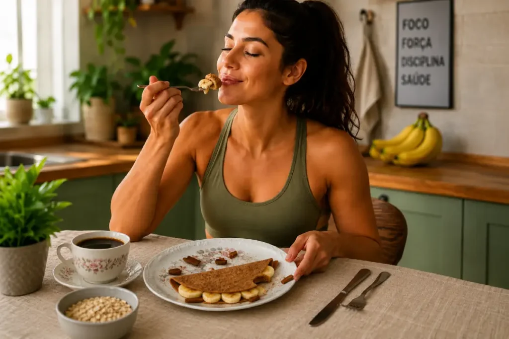 Mulher saboreando crepioca de banana em um café da manhã saudável e aconchegante.