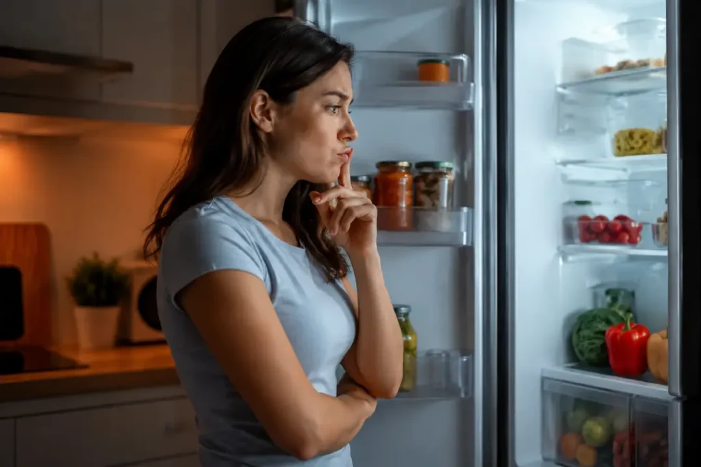 Mulher olhando para a geladeira pouco tempo após comer, mostrando como a saciedade pode influenciar a fome ao longo do dia.