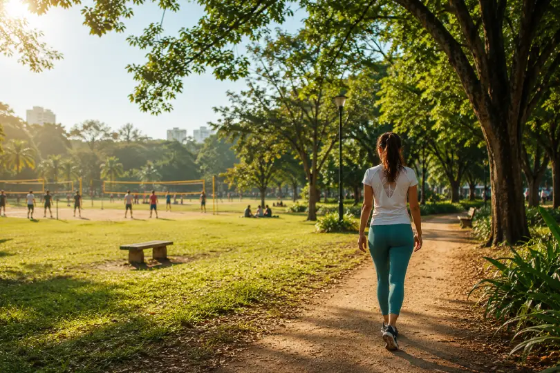 Exercícios ao ar livre em parque arborizado.