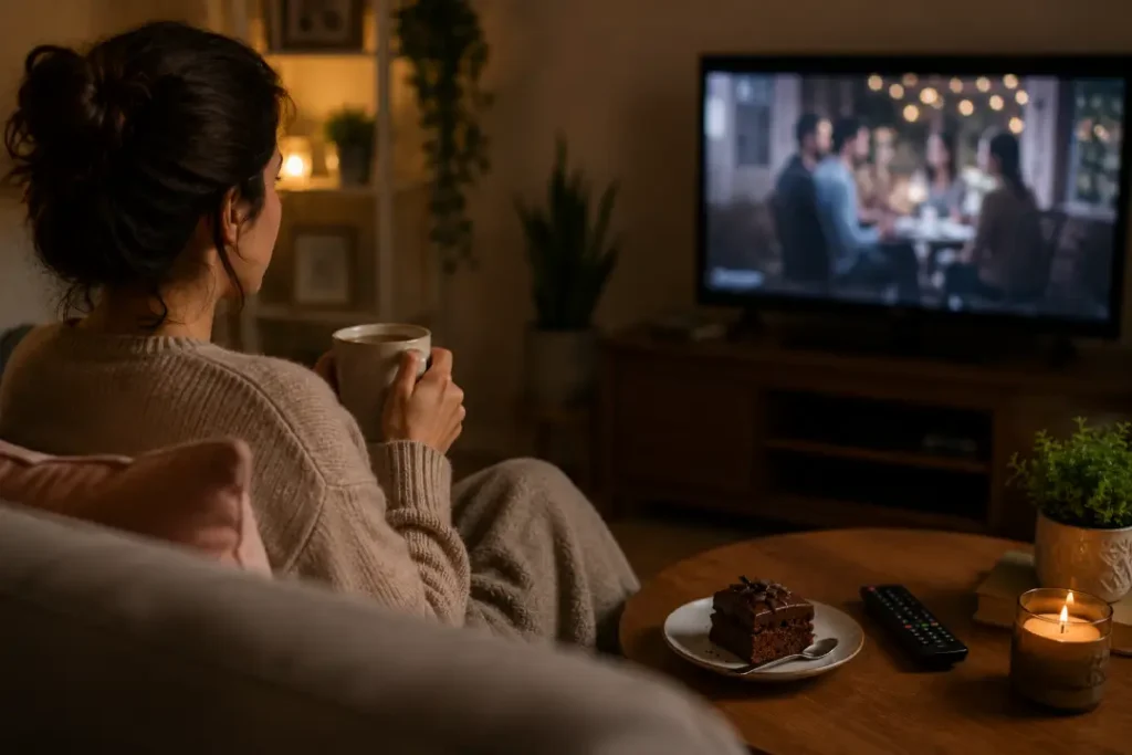 Pessoa assistindo televisão com uma caneca e uma sobremesa sobre a mesa, situação que pode reforçar a vontade de doce por hábito.