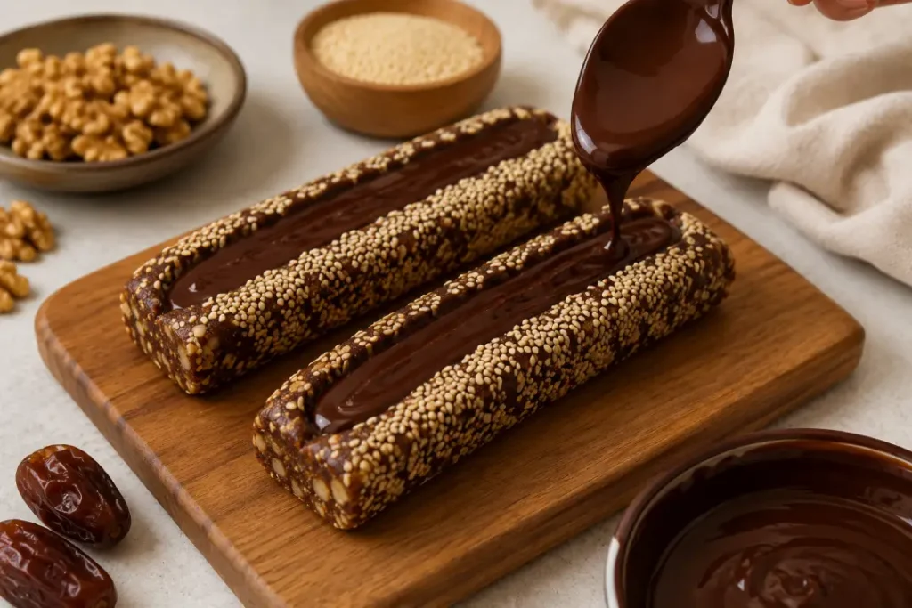 Barra de tâmara sendo finalizada com chocolate amargo.