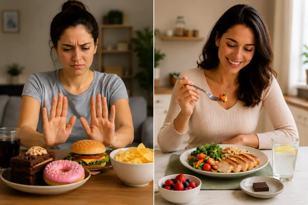 Comparação entre uma pessoa frustrada ao evitar alimentos desejados e outra aproveitando uma refeição equilibrada com um pequeno pedaço de chocolate, mostrando uma abordagem mais flexível para lidar com a vontade de doce.