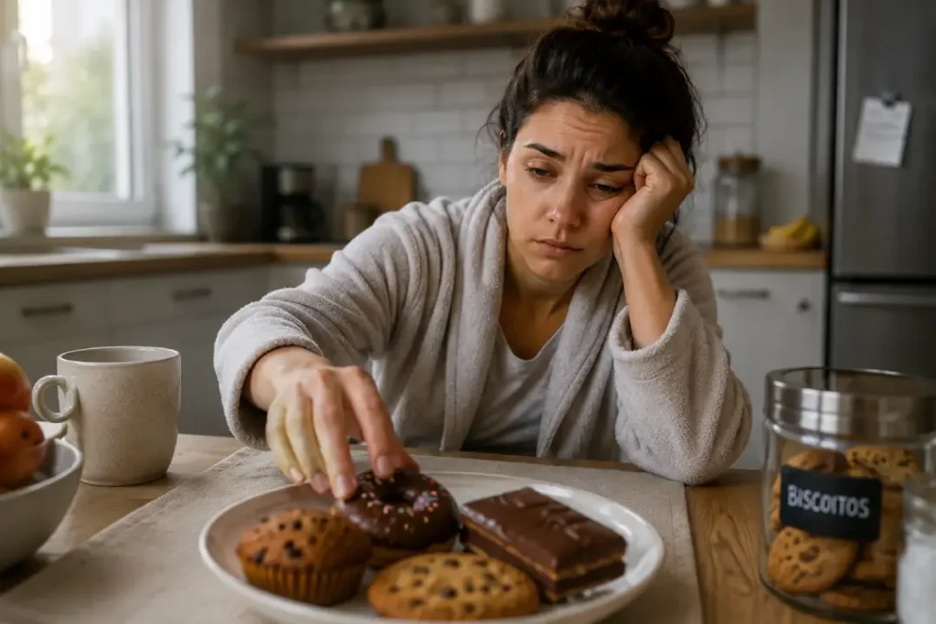 Pessoa cansada pela manhã buscando alimentos açucarados após uma noite mal dormida.