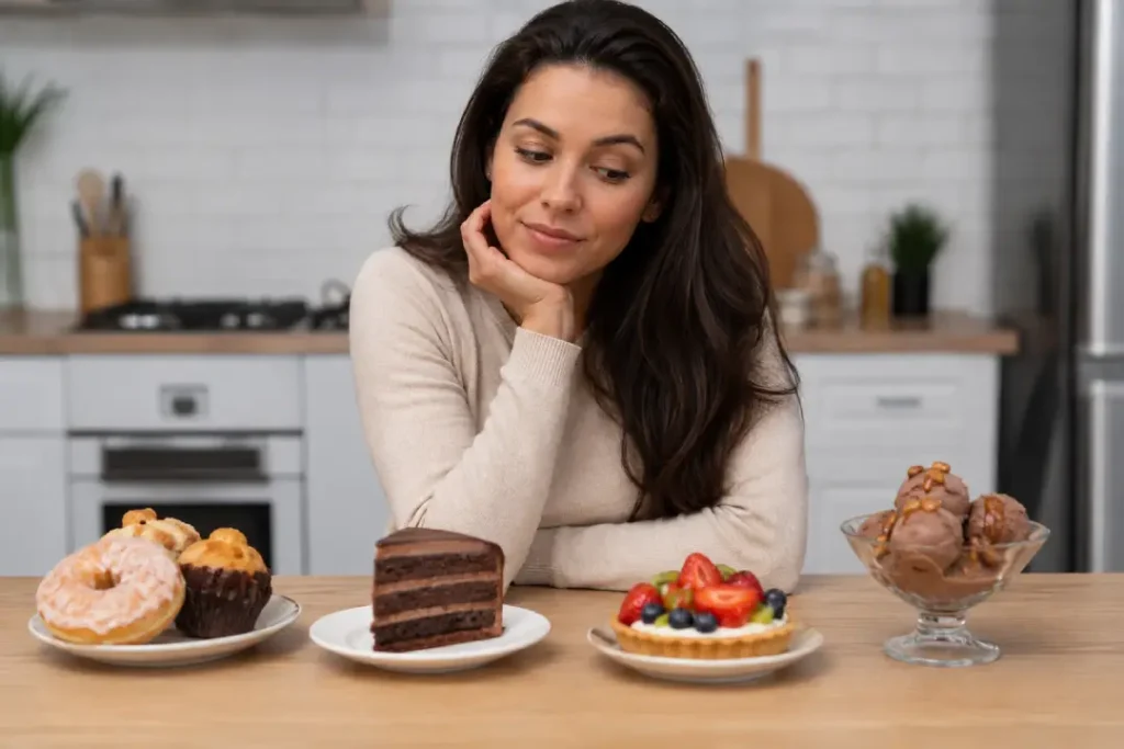 Mulher observando diferentes opções de doces sobre uma mesa enquanto reflete antes de fazer sua escolha e acabar com a vontade de comer um doce.