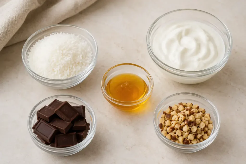 Ingredientes para preparar trufinhas saudáveis de coco.