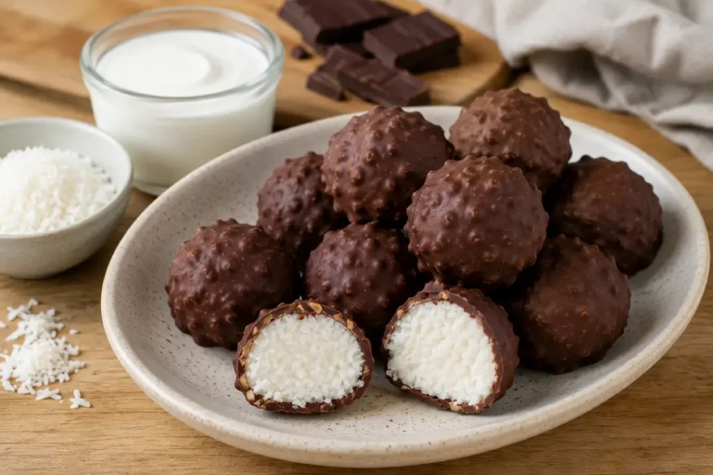 Trufinhas saudáveis de coco com cobertura de chocolate amargo.