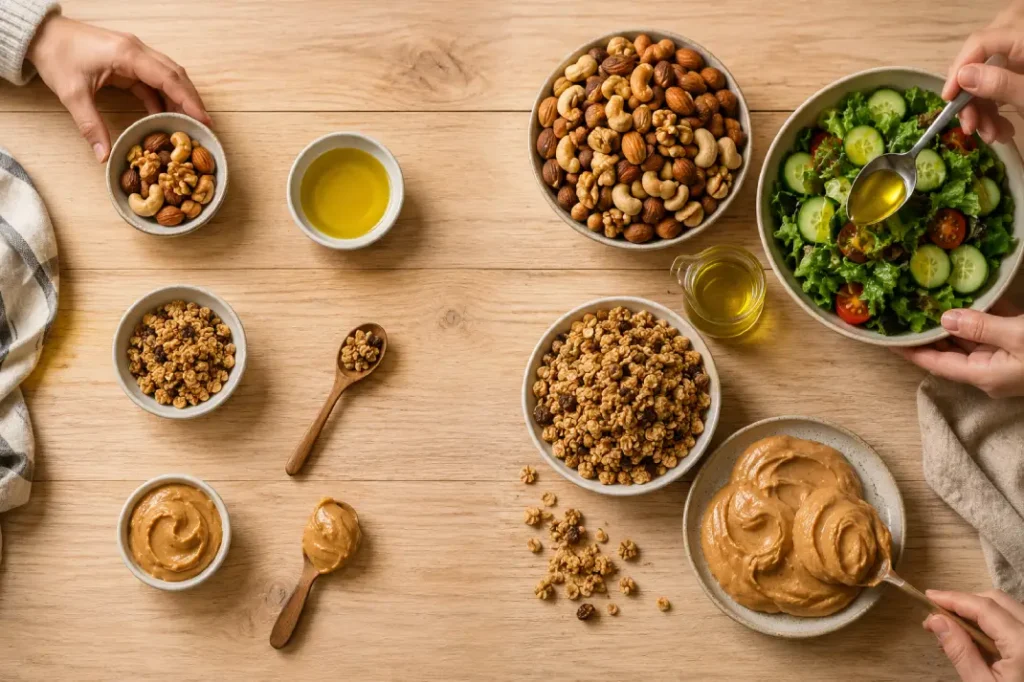 Porções diferentes de alimentos saudáveis e calóricos