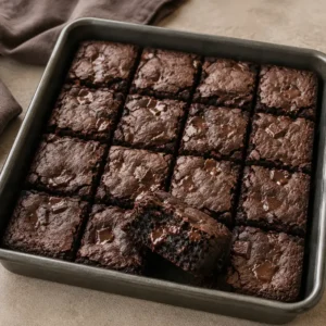 Brownie proteico cremoso com pedaços de chocolate.