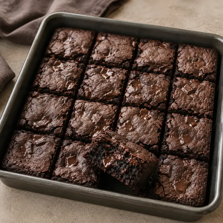 Brownie proteico cremoso com pedaços de chocolate.