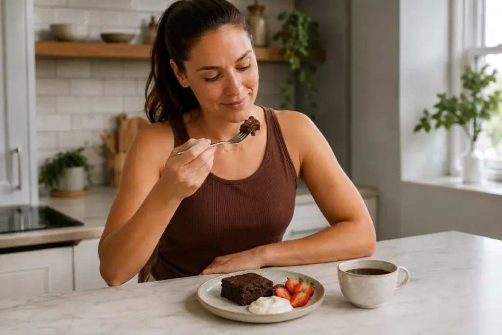 Mulher saboreando brownie proteico com frutas e iogurte