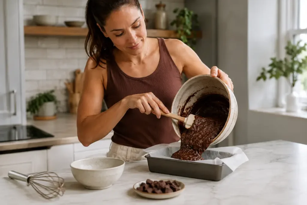 Mulher colocando a massa do brownie proteico na assadeira