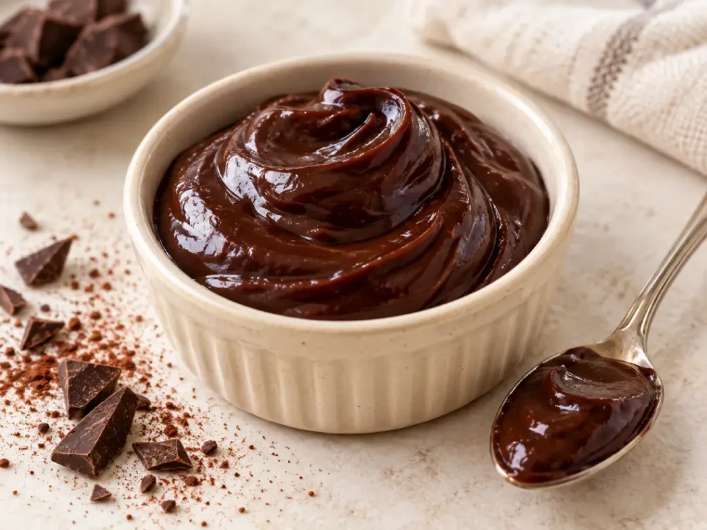 Brigadeiro de colher saudável cremoso servido em um potinho