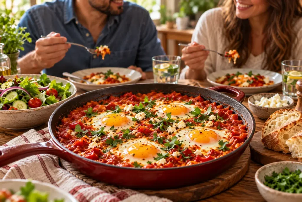 Shakshuka com queijo servida à mesa com salada e pão, enquanto um casal saboreia a refeição.