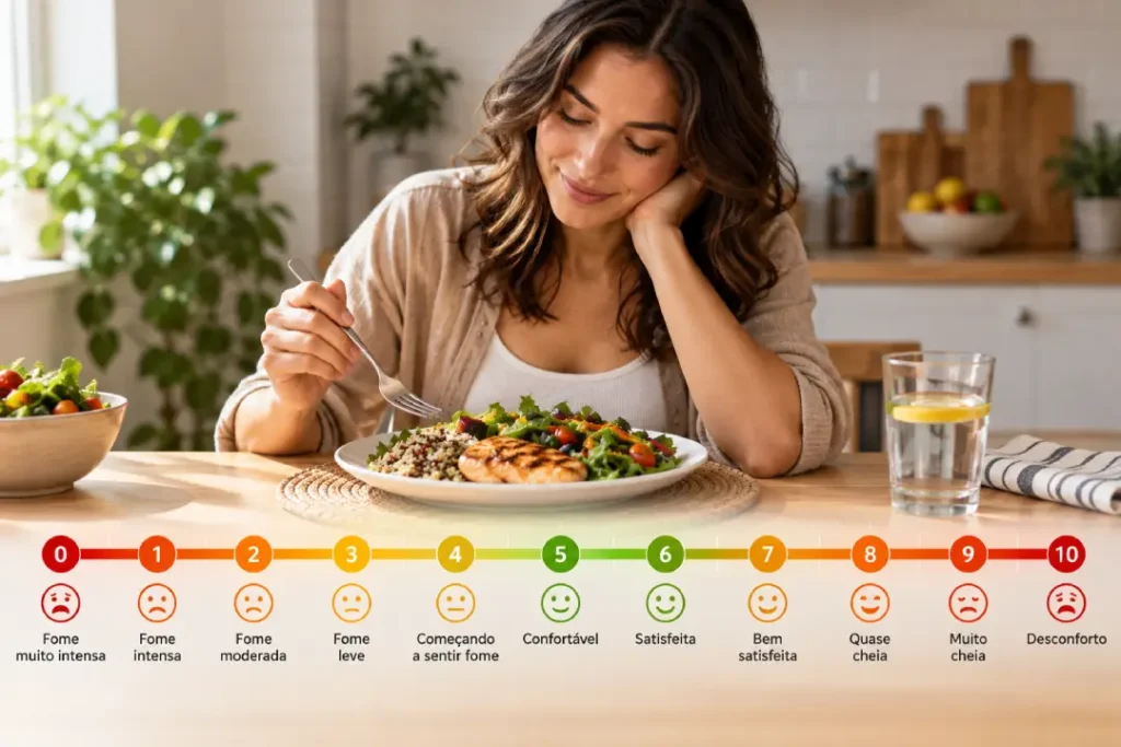 Mulher observa uma refeição diante de uma escala de fome e saciedade de 0 a 10, ferramenta que ajuda a reconhecer os tipos de fome e os sinais do corpo.