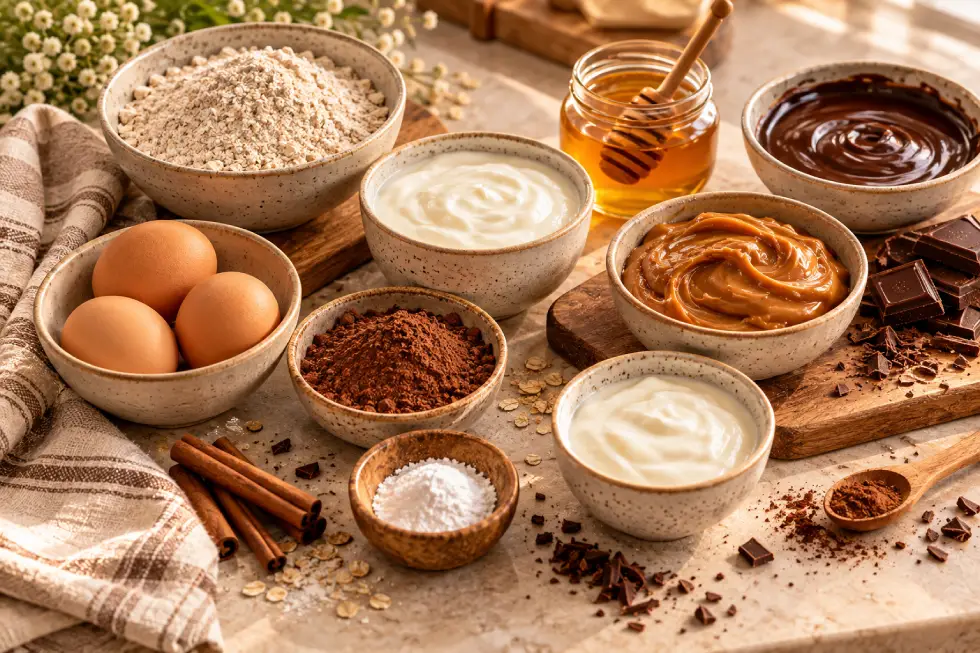Ingredientes organizados em uma bancada clara, com ovos, iogurte, aveia, mel e chocolate.