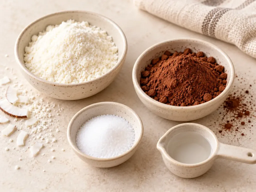 Ingredientes do brigadeiro de colher saudável com leite de coco em pó, cacau, adoçante e água.