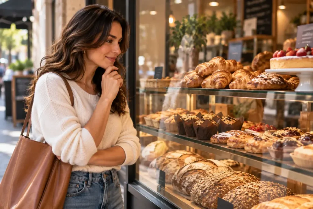Mulher observa alimentos na vitrine de uma padaria, mostrando como o ambiente pode influenciar os diferentes tipos de fome e a vontade de comer.